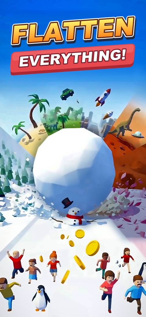 Flatten Everything key art: a giant snowball rolling over a tiny world